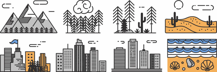 Obraz premium Vector icons of mountain, forest, desert, city, and beach landscapes