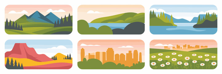 Obraz premium Vector icon sheets of landscape ranging from mountain to body of water, forest, desert, city skyline nad more