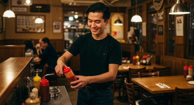A young man refilling condiment bottles at a restaurant