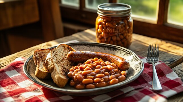 Hearty english lunch: sausages, beans, toast on rustic plate, meica jar, red-white cloth, sunlit kitchen vibe