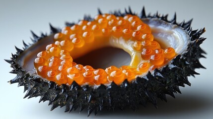 Sea urchin with orange roe inside black spiky shell on white surface.