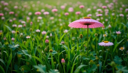 Field Close Up with Umbrella Flower and Green Nature Background for Fresh Botanical Design
