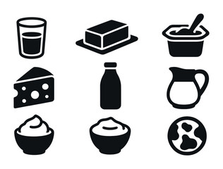 Dairy product silhouette icons set – solid, filled, milk and cheese symbols