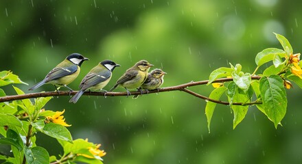 Birds on Branch in Rain