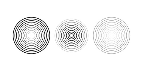 Black concentric circle set. Sonar or sound wave ring collection. Dotted and linear epicentre, target, radar icon concept. Ripple radial signal or vibration elements