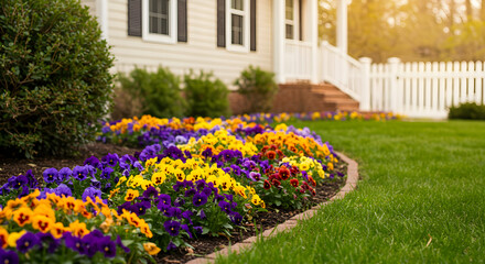 Colorful Pansies Flowerbed Adorning a Suburban Home Landscape in Springtime