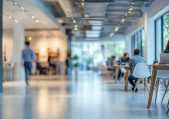 Blurred background showcases a modern office space filled with professionals working at desks, collaborating, and focused on their tasks in a bright and inviting atmosphere