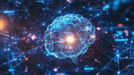 A glowing digital brain linked by connected network lines