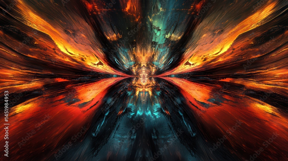 Wall mural abstract digital art showcases fiery and colorful symmetrical patterns