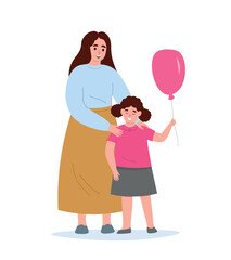 Mother and daughter hug each other full-length. Family together. Vector flat graphics.