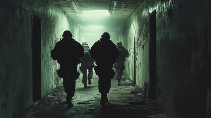 A group of special forces soldiers is moving stealthily down a dark, abandoned corridor. Their silhouettes cast shadows against the peeling walls as they prepare for an operation