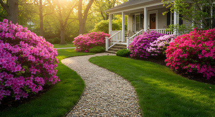 Obraz premium Charming Suburban Home Exterior With Lush Azaleas And Serene Pathway