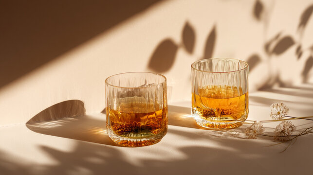 Shiny whiskey glasses gleam in sunlight against a beige background. A summery, minimalist scene with plenty of room for text.