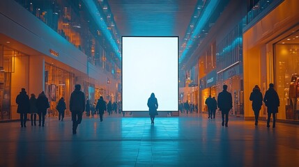 People walk in a modern building with a large bright screen at the end.