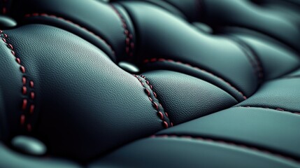 Obraz premium Close-up of black leather car seat upholstery with red stitching and buttons