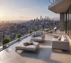 Fototapeta premium Spacious balcony with glass railing overlooking cityscape, plush living area, high rise, decor, glass railing