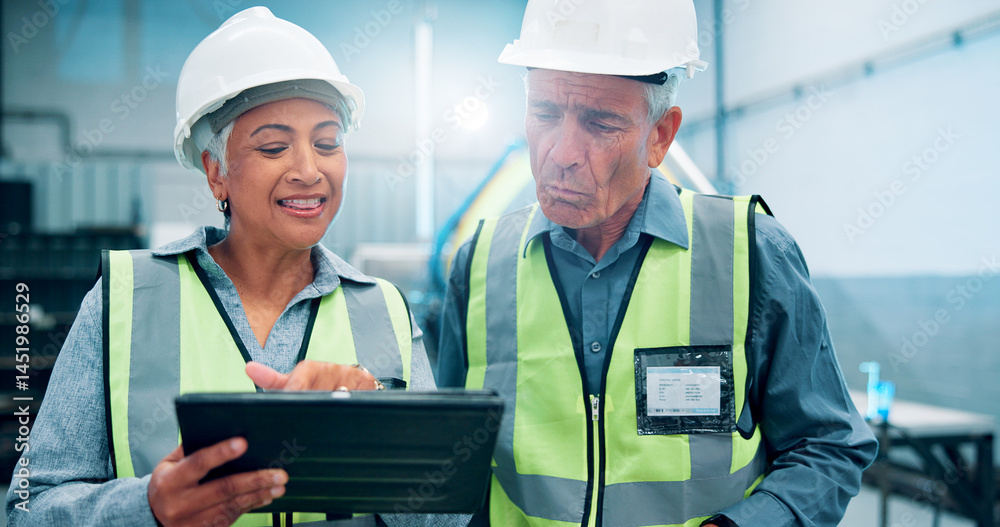 Poster people, robotics and conversation in factory, tablet and planning with software update. employees, e