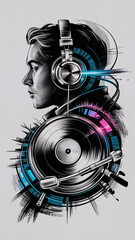 Obraz premium Dynamic DJ Setup With Vinyl Turntable, Headphones, And Colorful Soundwave Effects Representing Music, Audio Technology, And Live Mixing