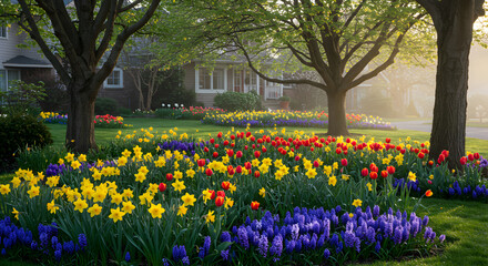 Vibrant Floral Display Featuring Daffodils Tulips And Muscari In Lush Suburban Setting