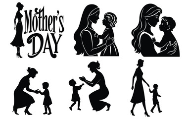 Happy Mothers' Day silhouette set. Mother with child playing, walking, holding vector illustration.