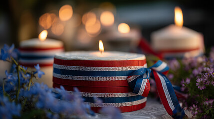 Traditional Slovenian potica cake with festive ribbons, glowing candlelight, alpine wildflowers; celebrating national pride and heritage.