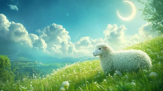 Sleeping sheep lying peacefully on grassy hillside under glowing crescent moon and starry sky