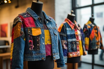 Three colorful denim jackets are displayed on mannequins in a store window