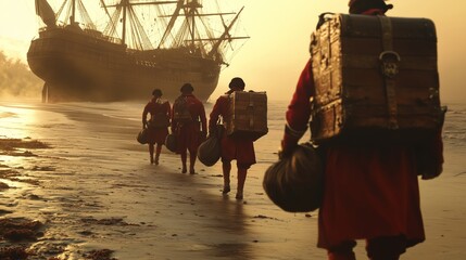 It depicts a cinematic scene of British soldiers walking toward a wooden boat on the misty shores of Kerala in the golden dawn