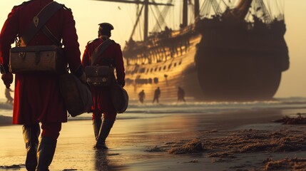 It depicts a cinematic scene of British soldiers walking toward a wooden boat on the misty shores of Kerala in the golden dawn