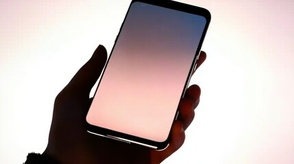 A person holding a smartphone against a soft gradient background at dusk