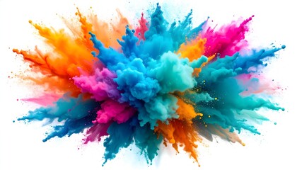 Vibrant explosion of cyan, magenta, and orange powder cloud, isolated on white, highly detail