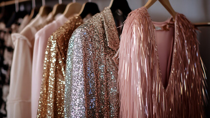 Fashion rack with four women's pieces, including one silver sequin jacket and a dress in neutral tones, another pink tunic top, and two long rose gold fringed dresses