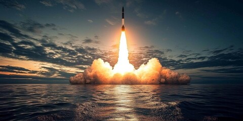 An impressive display of military technology: missile launching from the sea.