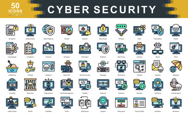 50 cybersecurity flat line icons illustrating encryption, threat detection, data privacy, and system defense. Ideal for IT, digital protection, and secure tech environments.