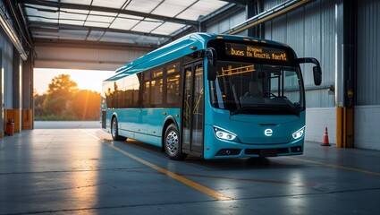 Photorealistic image of a electric bus in an industrial setting