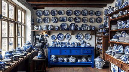 Blue pottery displayed in a rustic shop.