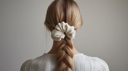 Photo of a blonde woman with a long braid. She has a hair scrunchie made from white cotton fabric around the back of her head. The material has a smooth texture with no wrinkles
