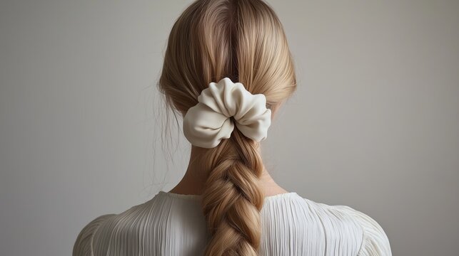 Photo of a blonde woman with a long braid. She has a hair scrunchie made from white cotton fabric around the back of her head. The material has a smooth texture with no wrinkles