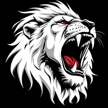 Fierce, snarling white lion head with red eyes, showing fangs, and dark background