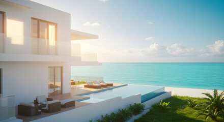 Fototapeta premium Luxury Villa Overlooking Turquoise Ocean Waters On Tropical Island