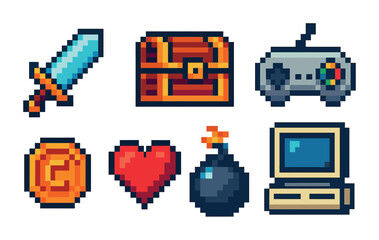 Retro pixel art gaming icons for video game design projects