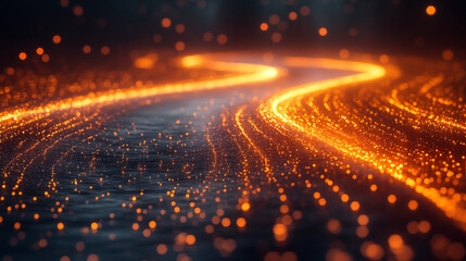 Fototapeta premium Digital light trail forming curved path with glowing particles, abstract data visualization concept for technology and connectivity