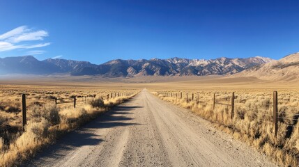Naklejka premium Desert road leading to mountains, sunny day, panoramic view, travel