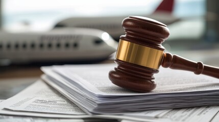 A gavel is positioned atop a stack of legal documents, highlighting proceedings related to aviation. An airplane is visible in the background, suggesting a connection to air travel law