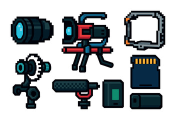Photography gear pixel art icons set – camera, equipment, digital symbols