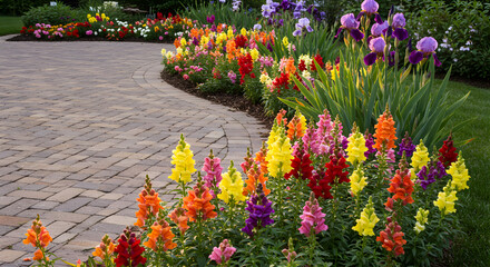 Vibrant Garden Path Featuring Colorful Snapdragon Flowers in Full Bloom