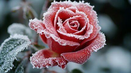 Frosty red rose covered in ice crystals.