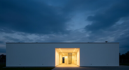 Fototapeta premium Modern Architecture With Illuminated Entrance Against a Dramatic Evening Sky