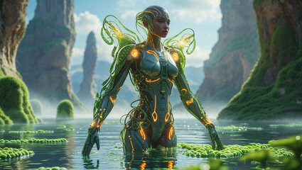 Fototapeta premium A futuristic female cyborg bathed in water surrounded by natural mountainous landscape and vegetation.