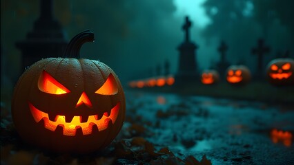 Fototapeta premium Spooky Halloween Jack O'Lanterns in Cemetery